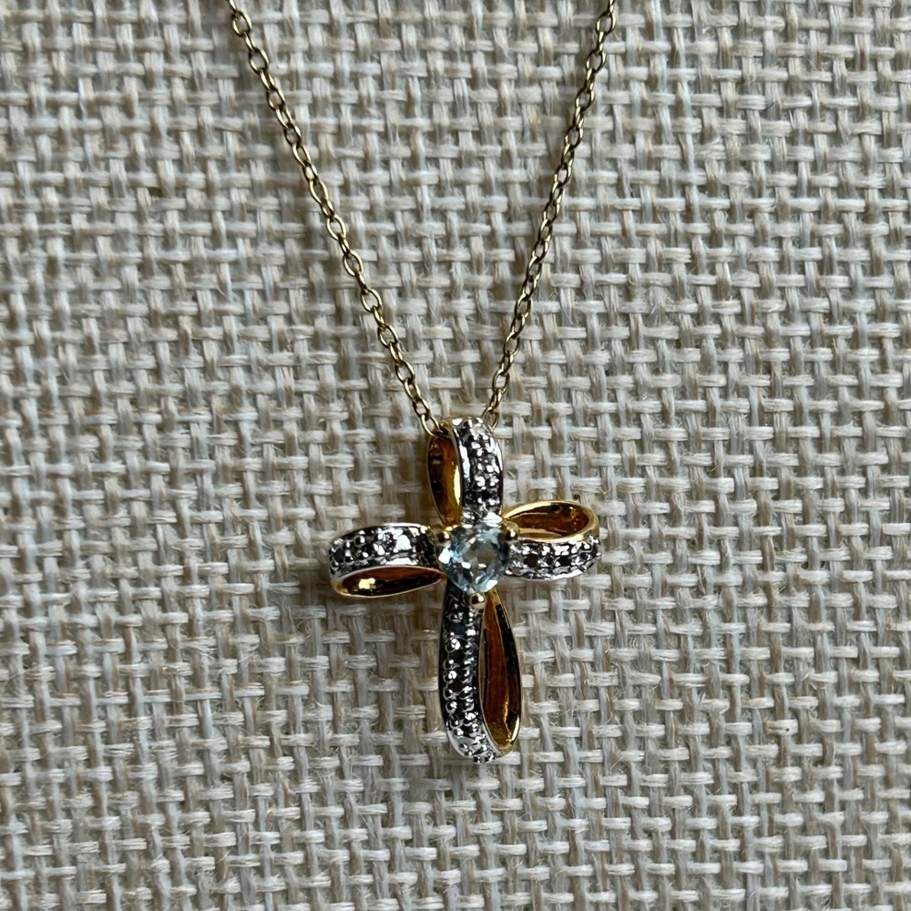 Sterling Silver Two Tone Ribbon Cross Necklace Clear Rhinestone 925 China 18"